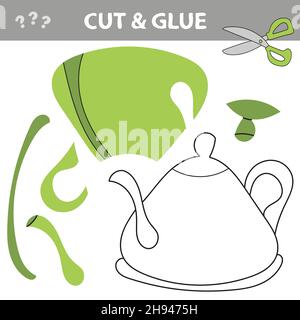 Cut and glue - Simple game for kids. Cut parts of Teapot and glue them. Educational children game, printable worksheet, vector illustration Stock Vector
