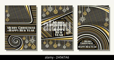 Vector set for Christmas and New Year with copy space, 3 placards with decorative christmas decorations and unique lettering for words merry christmas Stock Vector