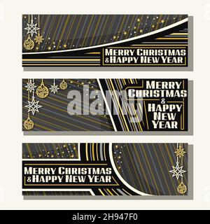 Vector set for Christmas and New Year with copy space, 3 web headers with decorative christmas decorations and unique lettering for words merry christ Stock Vector