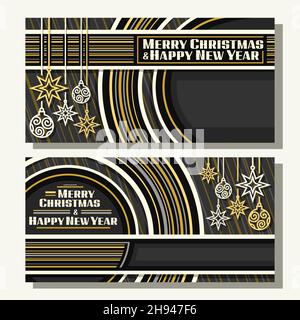 Vector banners for Christmas and New Year with copy space, 2 headers with decorative christmas decorations and unique brush lettering for words merry Stock Vector