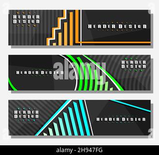 Vector Headers Set, 3 colorful layouts with decorative design curves with copy space for ad text, creative header templates for advertising, horizonta Stock Vector