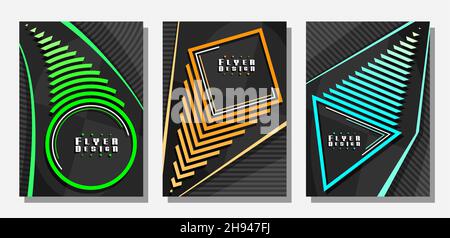 Vector Flyers Set, 3 colorful layouts with decorative geometric shapes with copy space for text on dark striped background, collection of minimal desi Stock Vector