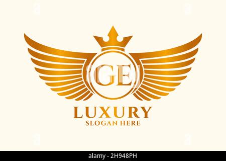 Luxury royal wing Letter GE crest Gold color Logo vector, Victory logo, crest logo, wing logo, vector logo . Stock Vector