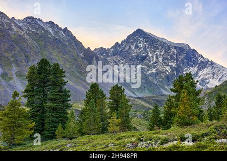 Evening landscape in the Siberian mountains. August. Eastern Sayan. Russia Stock Photo