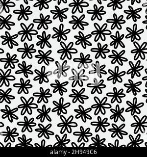 Abstract hand drawn seamless pattern with flower shape elements. Black and white texture. Stock Vector
