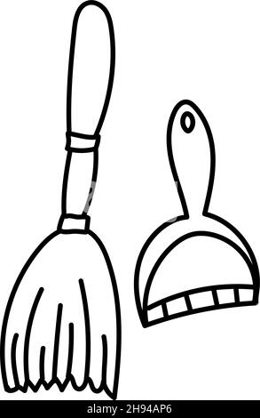 Broom and scoop for cleaning the house, handdrawn doodle elements set Stock Vector