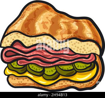 Illustration of the cuban sandwich with ham, cheese and cucumbers Stock Vector