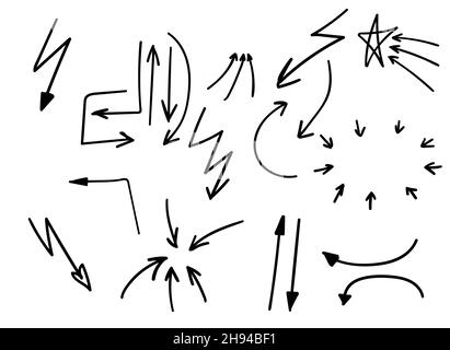 Doodle vector arrows and design elements. Hand drawn set of icons, frames, borders, arrows in cartoon style Stock Vector