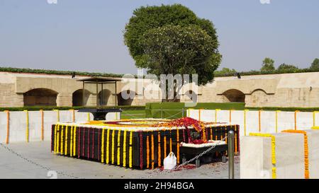 gandhi's memorial tomb stone in rajghat, delhi, india Stock Photo