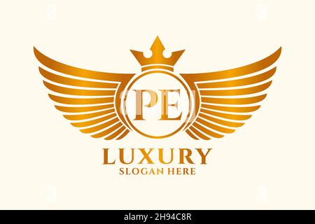 Luxury royal wing Letter PE crest Gold color Logo vector, Victory logo, crest logo, wing logo, vector logo . Stock Vector
