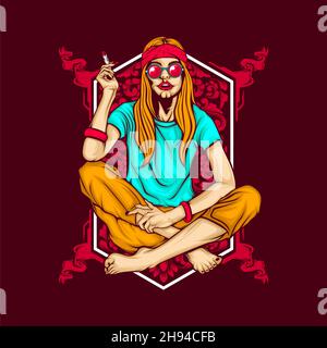 charming smoking hippie girl with awesome background Stock Vector