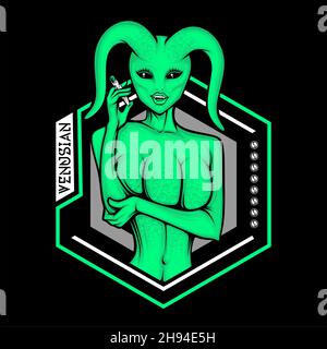 smoking triple breasted alien with awesome background Stock Vector