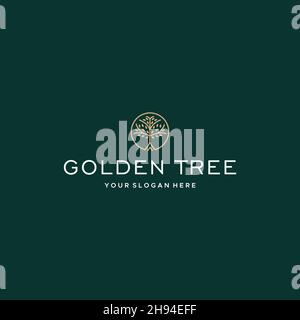 minimalist GOLDEN TREE plants line art logo design Stock Vector