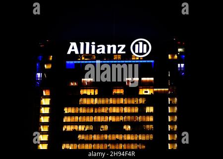 The tower skyscraper built in 2020 in Milan CityLife district area called Isozaki Tower (Allianz) seen from the MiCo Convention centre in a night view Stock Photo