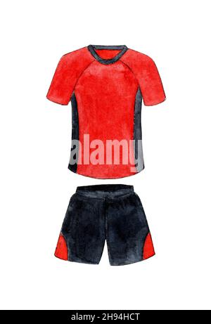 Watercolor illustration of a red-black football uniform. Sports T-shirt and shorts. The layout of the football uniform for the club. Isolated on white Stock Photo