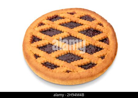 Round tart cherry jam, italian pie crostata isolated on white, clipping path Stock Photo
