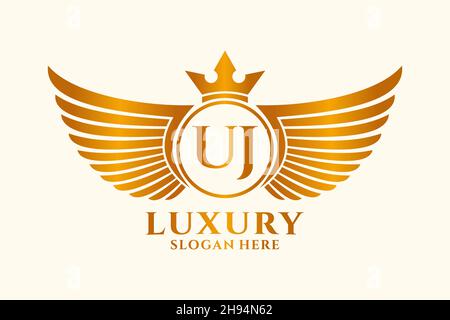 Luxury royal wing Letter UJ crest Gold color Logo vector, Victory logo, crest logo, wing logo, vector logo . Stock Vector