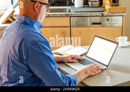 Side view of businessman working on laptop at home Stock Photo