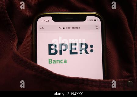 KONSKIE, POLAND - September 15, 2021: BPER Banca Spa logo displayed on mobile phone hidden in jeans pocket Stock Photo