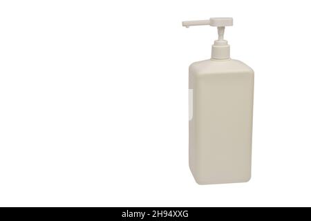 White plastic container for liquid with a dispenser on a white background for clipping on the right of the frame. There is an empty space for the titl Stock Photo