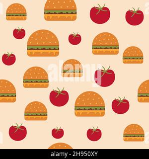 Seamless pattern fast food background. Burger, cheeseburger backdrop for design. Delicious vector illustration of food. eps Stock Vector