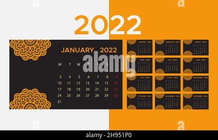 2022 Calender. Simple Dark and orange color calender design. Stock Vector