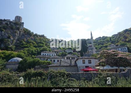 Fantastic view over the historic Muslim village of Pocitelj near Mostar with traditional old architecture buildings in Bosnia Herzegovina Stock Photo