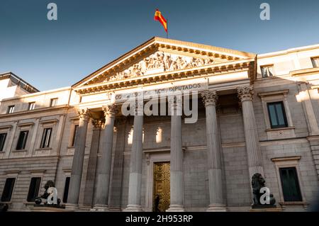 Neoclassical Congreso De Los Diputados in Madrid, Spain is the seat of the Spanish Parliament. Stock Photo