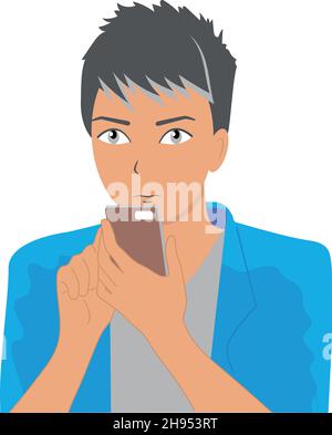 Gray-eyed guy looks at the phone. Vector flat illustration. Stock Vector