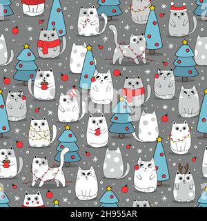 Seamless Pattern Winter Cute Cats, Cartoon Animals Background, Vector Illustration Stock Vector