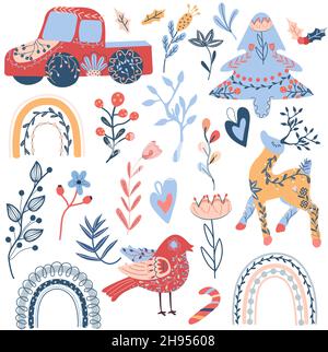 Cozy Christmas collection, Folk Reindeer, bird, red berries, cookies, Christmas tree, Christmas rainbow, tree branches. Merry Christmas and Happy New Year. Winter greeting card. Vector icons. Stock Vector