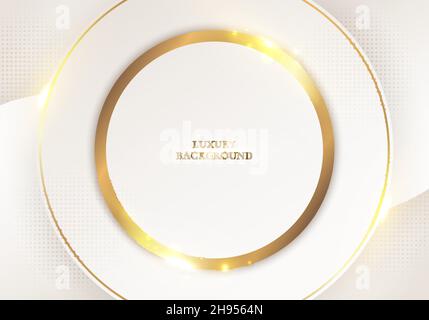 Abstract elegant white circle with golden lines rounded and light sparking on clean background luxury style. Vector graphic illustration Stock Vector