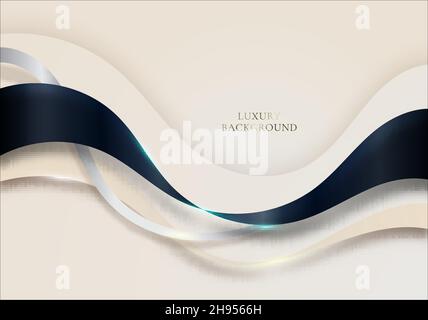 3D modern luxury template design blue wave ribbon stripes and lighting curved line light sparking on white background. Vector graphic illustration Stock Vector