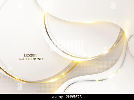 Abstract elegant white circle, wave shape with golden lines rounded and light sparking on clean background luxury style. Vector graphic illustration Stock Vector