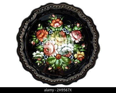 Old decorative russian folk handpainted metal tray with floral color pattern on white. Use for interior design. Stock Photo