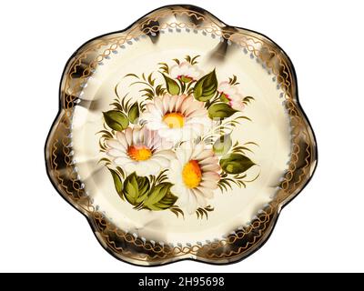 Old decorative russian folk handpainted metal tray with floral color pattern on white. Use for interior design. Stock Photo
