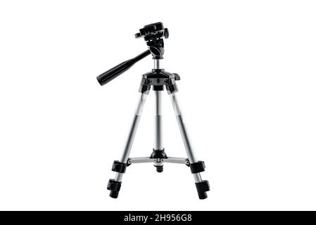 Aluminum photographic tripod with adjustable head, isolated on white background with a clipping path. Stock Photo