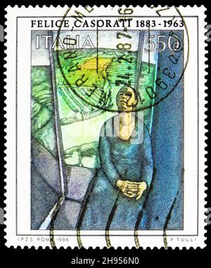 MOSCOW, RUSSIA - OCTOBER 24, 2021: Postage stamp printed in Italy shows Daphne Pavarolo by Felice Casorati, Italian art serie, circa 1984 Stock Photo