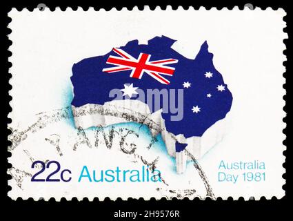 MOSCOW, RUSSIA - OCTOBER 24, 2021: Postage stamp printed in Australia shows Flag, Map, Australia Day serie, circa 1981 Stock Photo