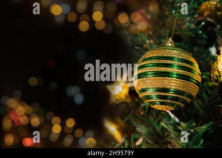 Christmas tree with decorations and lights background Stock Photo