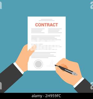 Flat design illustration of manager hand signing business contract with stamp - vector Stock Vector