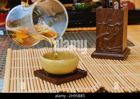Fragment of traditional serve tea on tea ceremony.  Stock Photo
