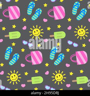 Summer seamless pattern, colorful elements on dark board. Smiling sun, bag, sunglasses, and ice creams. Vector illustration in flat style. Print for Stock Vector