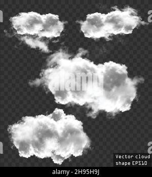 Clouds vector collection, cloud shapes illustration. Realistic white fluffy clouds isolated over transparent background. Vector resizable clouds colle Stock Vector