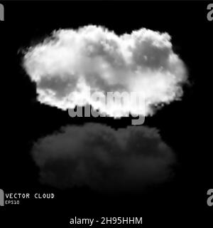 Clouds vector realistic cloud shape illustration, white fluffy cloud isolated over solid black background Stock Vector
