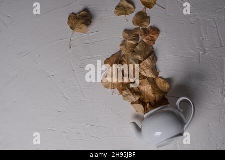 Autumn leaves spilling and flowing out of tea pot Stock Photo