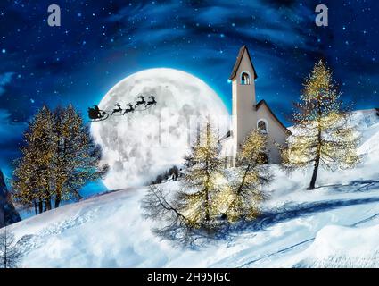 Christmas fairy tale landscape with snow, moon, illuminated trees, Santa Claus Sleigh and reindeer Stock Photo