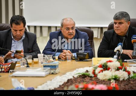 Ahmad Tibi (Joint List/Ta'al - center) speaks at a press conference in Umm Al-Fahm Municipality.Mansour Abbas (United Arab List/Raám), Ahmad Tibi (Joint List/Ta'al), Ayman Odeh (Joint List/Hadash) and Osama Saadi (Joint List/Ta'al) at a press conference in Umm Al-Fahm Municipality on Friday evening in Umm Al-Fahm, Israel. The press conference was to address to the media about the violence and clashes that have escalated and the police forces had entered the neighborhood, using teargas to gain control over the site. Stock Photo