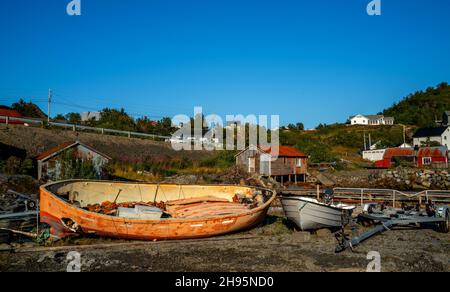 Landscape with wrecks of sloops in Norway Stock Photo