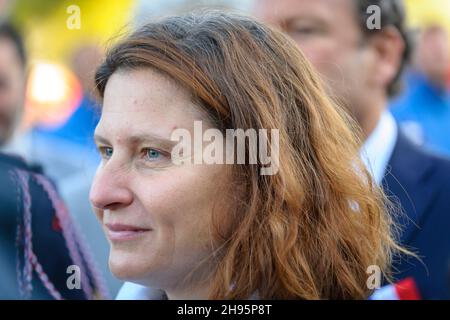 The minister delegated to sports and youth, Roxana Maracineanu is seen during the ceremony.The national convention of the French firefighters is held in Marseille. Roxana Maracineanu, minister delegated to sports and youth attends the inauguration. The objective is both to pay tribute to the firefighters who died in the exercise of their function and to present the know-how in all the fields of the different bodies of the French Civil Security. Stock Photo